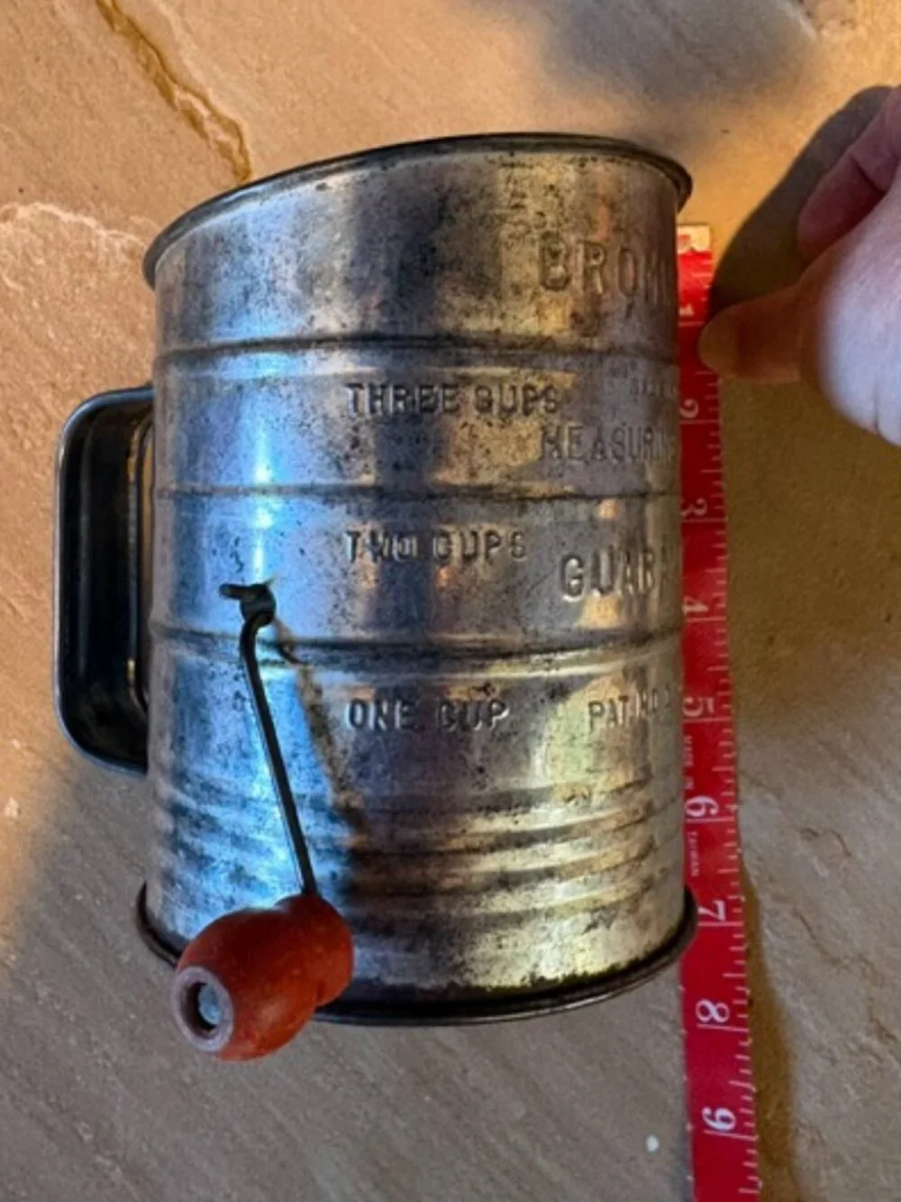 Antique Bromwell's Measuring Cup Flour Sifter Red Handle Farmhouse Rustic Decor